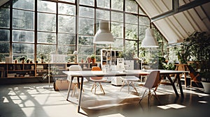 Windowed Industrial Harmony: Clean White Office Space in Spotlight
