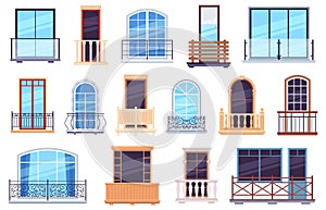 Windows and balconies. Architecture house facade elements with modern and classic balcony doors, casement frames and