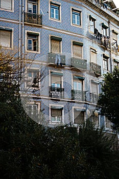 Windows and balconies of old building in Lisbon, Portugal