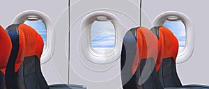 Windows with black and red leather Seats inside Airplane while flying over white clouds on blue sky in panoramic view