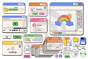 Windows browser objects mega set in graphic flat design. Bundle elements of 80s 90s retro style of computer windows of loading