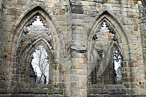 Windows of cathedral on Oybin castle and monastery