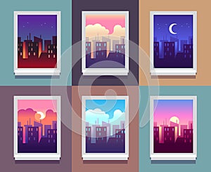 Windows day time. Early morning sunrise sunset, noon and dusk evening, night cityscape skyscrapers inside home window