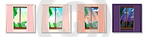 Windows with different times of day, summer, landscape. Morning, day, evening, night outside the window with curtains, view from