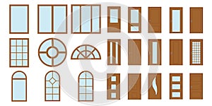 Windows and doors. Set of brown windows and doors isolated on a white background. Vector, cartoon illustration