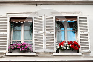 Windows with flowers on Montmartre street