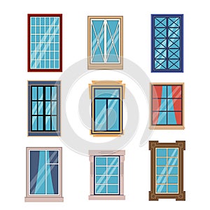 Windows frames flat. Colorful various window frame wooden and plastic with sills front view, exterior architectural