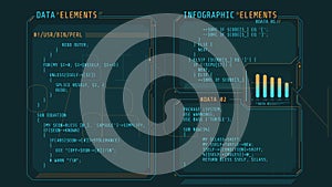 Windows of a futuristic interface with code.