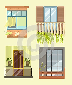 Windows and house balcony different stlyes exterior decor vector flat icons photo