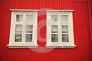 Windows in house in reykjavik, iceland. Building facade with red wall and white window frames. Architecture structure