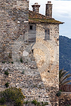 Windows of Medieval tower in Ouranopoli, Athos, Chalkidiki, Greece