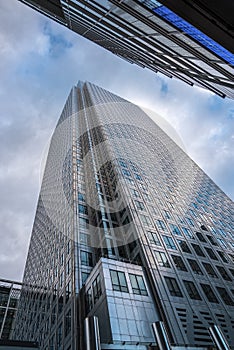 Windows of modern highrise commercial buildings around canary wharf