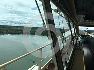 Windows on the navigational bridge of the container vessel