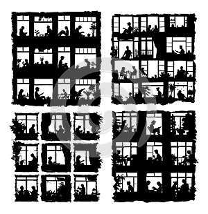 Windows neighbors black silhouettes vector set. Men women relax eat read multi storey building living apartments indoor