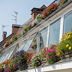 Windows and a Part of Rooftop with Colorful Flowers photo