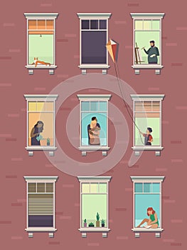 Windows with people. Opened window neighbors people communicate apartment building exterior exercising at home morning photo