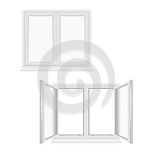 Windows plastic double-leaf open and closed models for glazing ads realistic set. Pvc constructions.