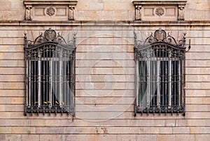 Windows in row on facade of historic building