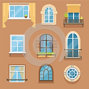 Windows set in different styles and forms. Window frames exterior view