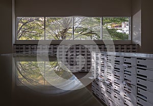 Windows view with big tree background in White mailroom for resident in condominium