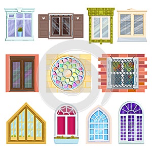 Windows with wooden and plastic frames made of glass and windowing vitrage vector illustration.