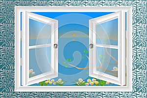 Vector illustration : Open white window on bright sunny day with outdoor view of an a tree with flowers, sun sky, meadow and green