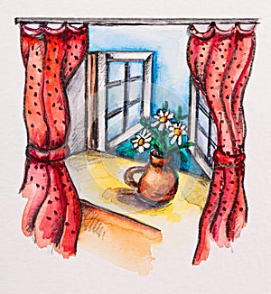 Windowsill with red curtains and flower