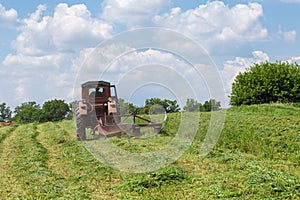 Windrows of freshly mown hay with a tractor mowing machine