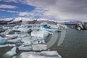 Winds push ice burgs at Jokulsarlon Glacier Lagoon in Iceland