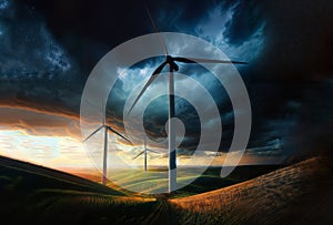 Winds turbines in the field at sunset. 3d render illustration., generative ai