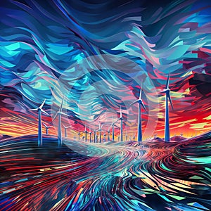 Winds turbines in the night sky. Wind energy. Vector illustration., generative ai