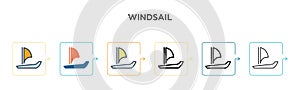 Windsail vector icon in 6 different modern styles. Black, two colored windsail icons designed in filled, outline, line and stroke