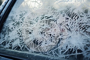 The windscreen of a car covered in frost and ice on a winter morning