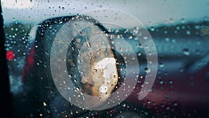 Windscreen at the time of the rain. Mirror of car