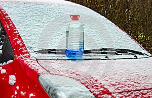 Windscreen washer antifreeze stands on front hood