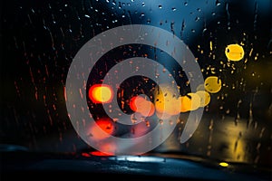 Through the windshield, a car navigates the rainy nights mysteries