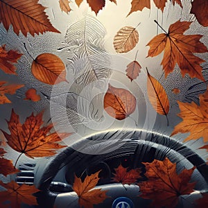 Windshield covered in autumn leaf imprints Ã¢â¬â A windshield wher photo