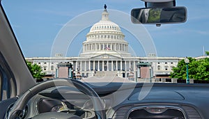 Windshield view of United States Capitol building, Washington DC, USA