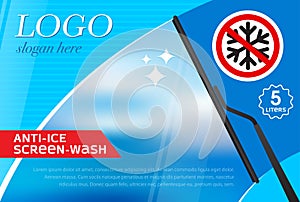 Windshield wiper label template from snow and ice. Concept for cleaning products, screen wash, polishing, nano-coatings