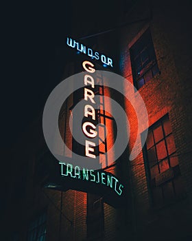 Windsor Garage neon sign at night, Manhattan, New York