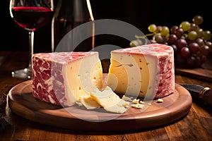 Windsor Red Cheese, Wine Derby Marble Cheese, Marbled Cheddar Aged in Wine on Wood Table