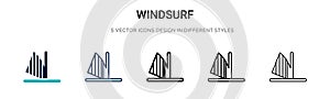 Windsurf icon in filled, thin line, outline and stroke style. Vector illustration of two colored and black windsurf vector icons