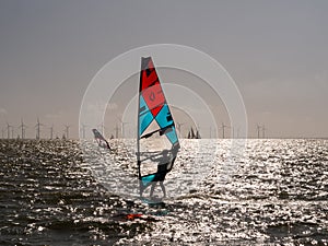 Windsurfer backlit on IJsselmeer lake near Makkum, Friesland, Netherlands