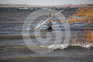 Windsurfer is preparing to start