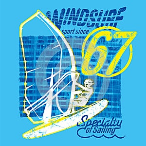 Windsurfer surfing on brushed background, vector image