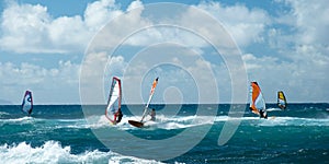 Windsurfers in windy weather on Maui Island panorama