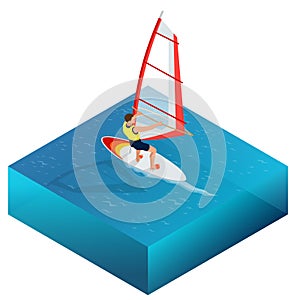 Windsurfing, Fun in the ocean, Extreme Sport, Windsurfing icon, Windsurfing flat 3d vector isometric illustration.