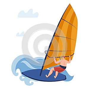 Windsurfing man in ocean, vector illustration. Sea water sport design, surfer at wave, isolated on white. Surfing