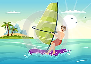 Windsurfing with the Person Standing on the Sailing Boat and Holding the Sail in Extreme Water Sport Hand Drawn Illustration