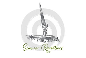 Windsurfing, water, sea, summer, sport concept. Hand drawn isolated vector.